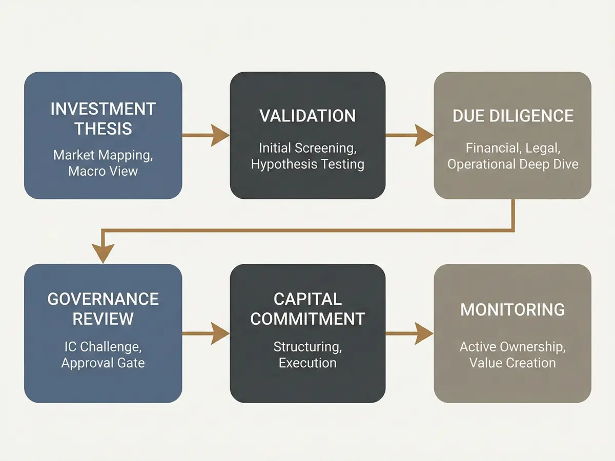 Investment decision framework illustrating capital governance and validation stages